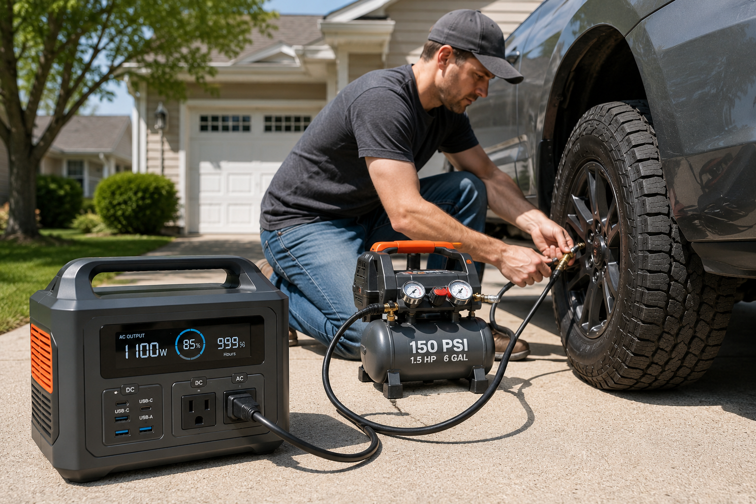 Portable power station powering a portable air compressor while inflating a vehicle tire.