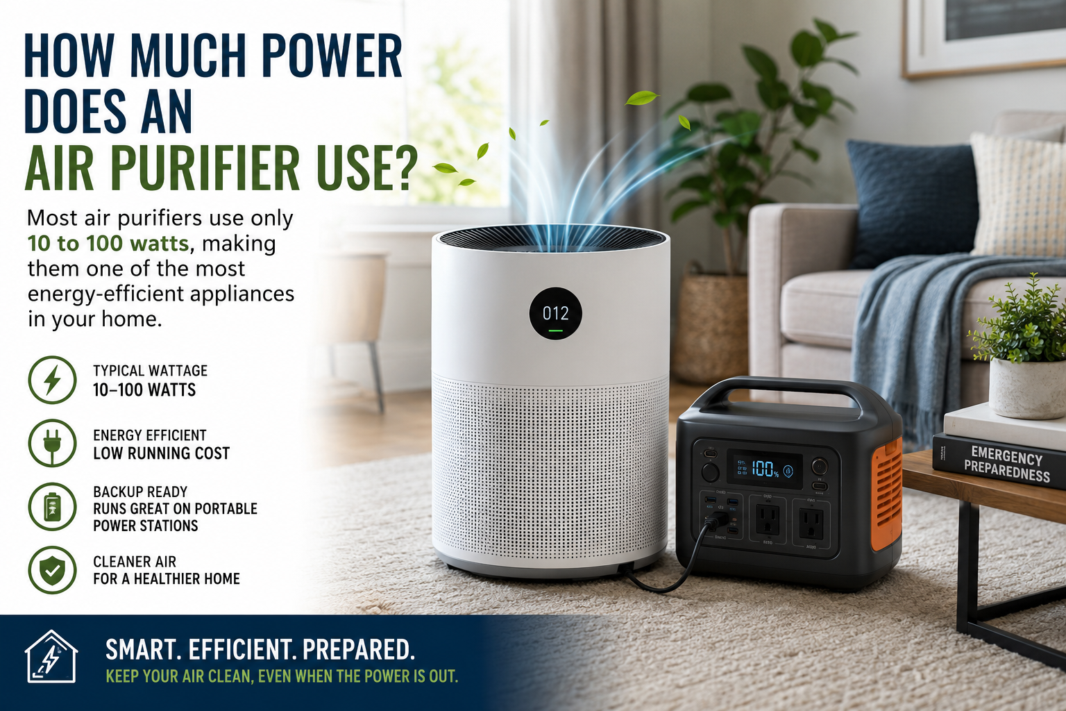 How much power does an air purifier use with portable power station backup