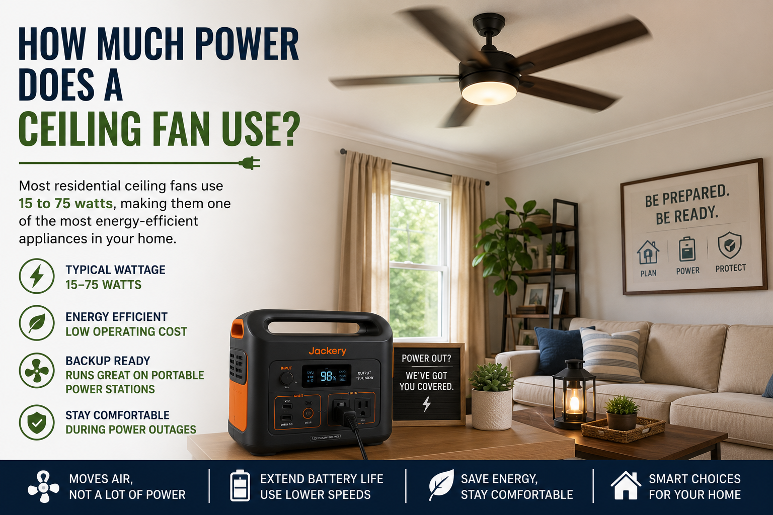 How much power does a ceiling fan use with a portable power station during a power outage