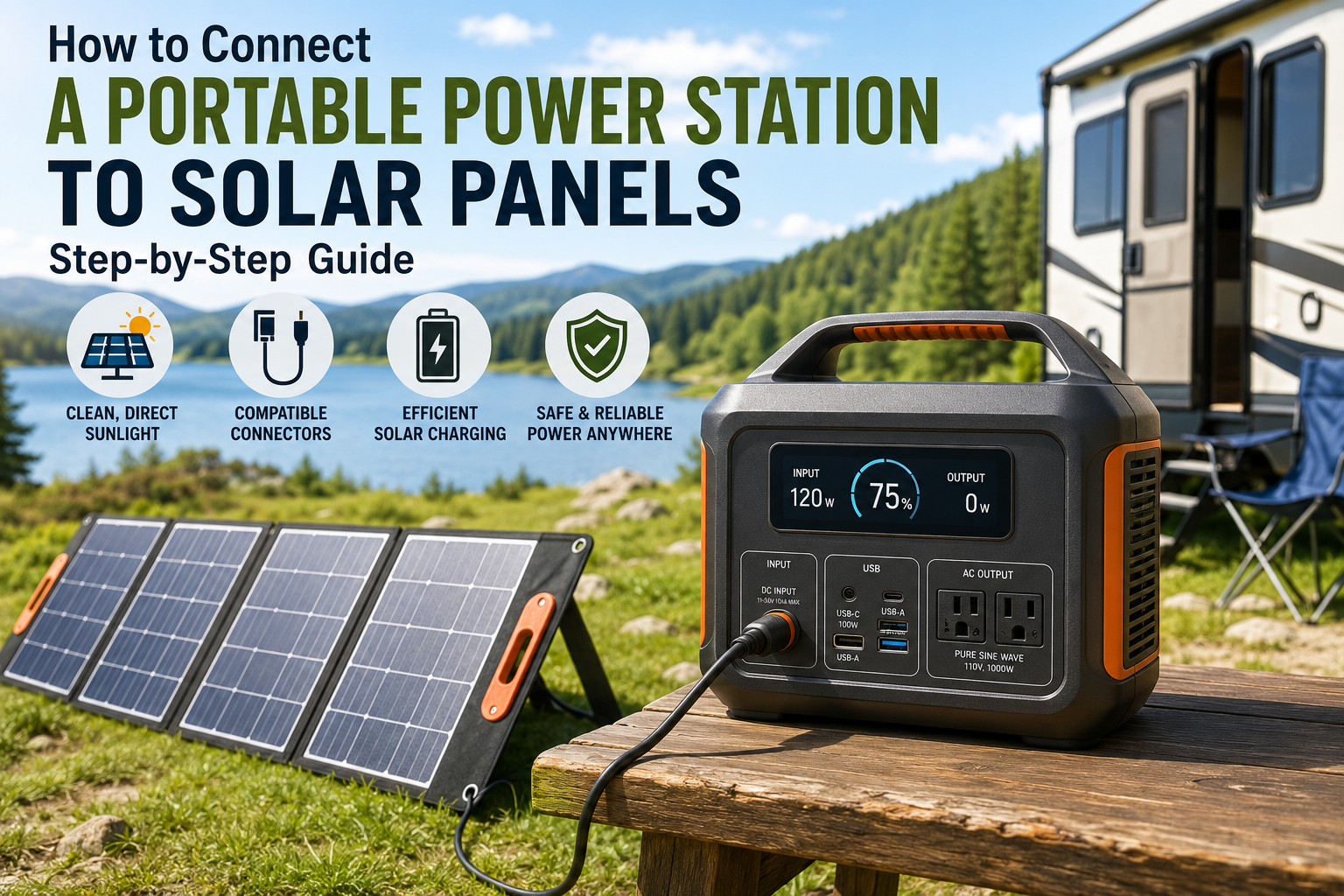 Portable power station connected to folding solar panels charging outdoors.
