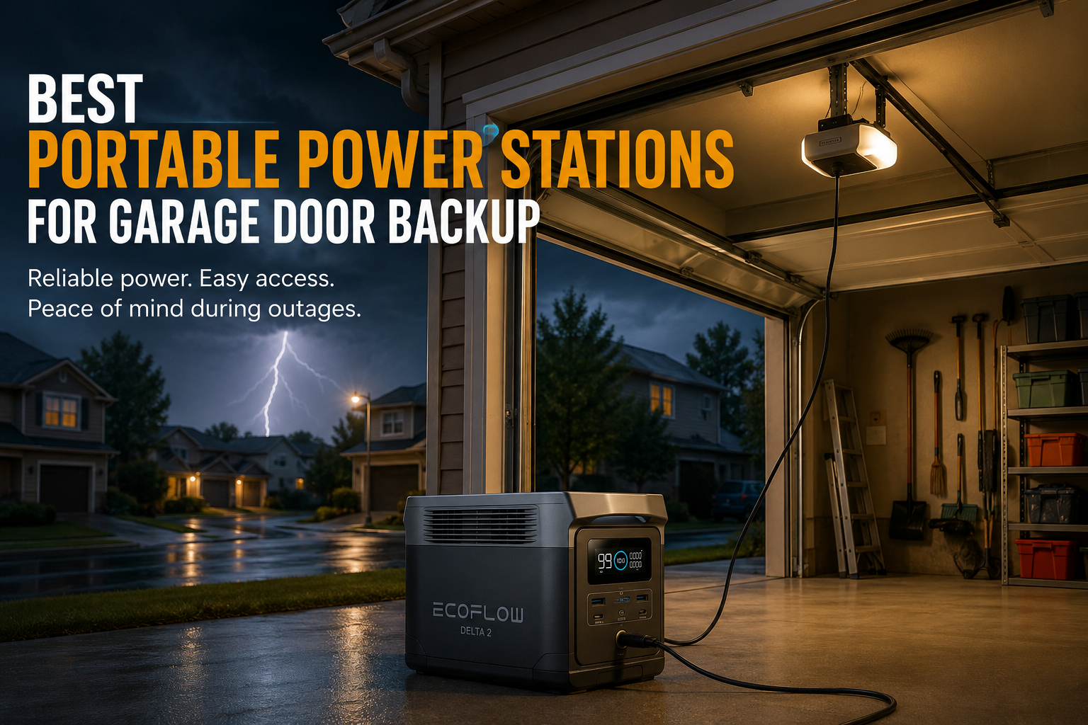 Portable power station powering a residential garage door during a neighborhood power outage.