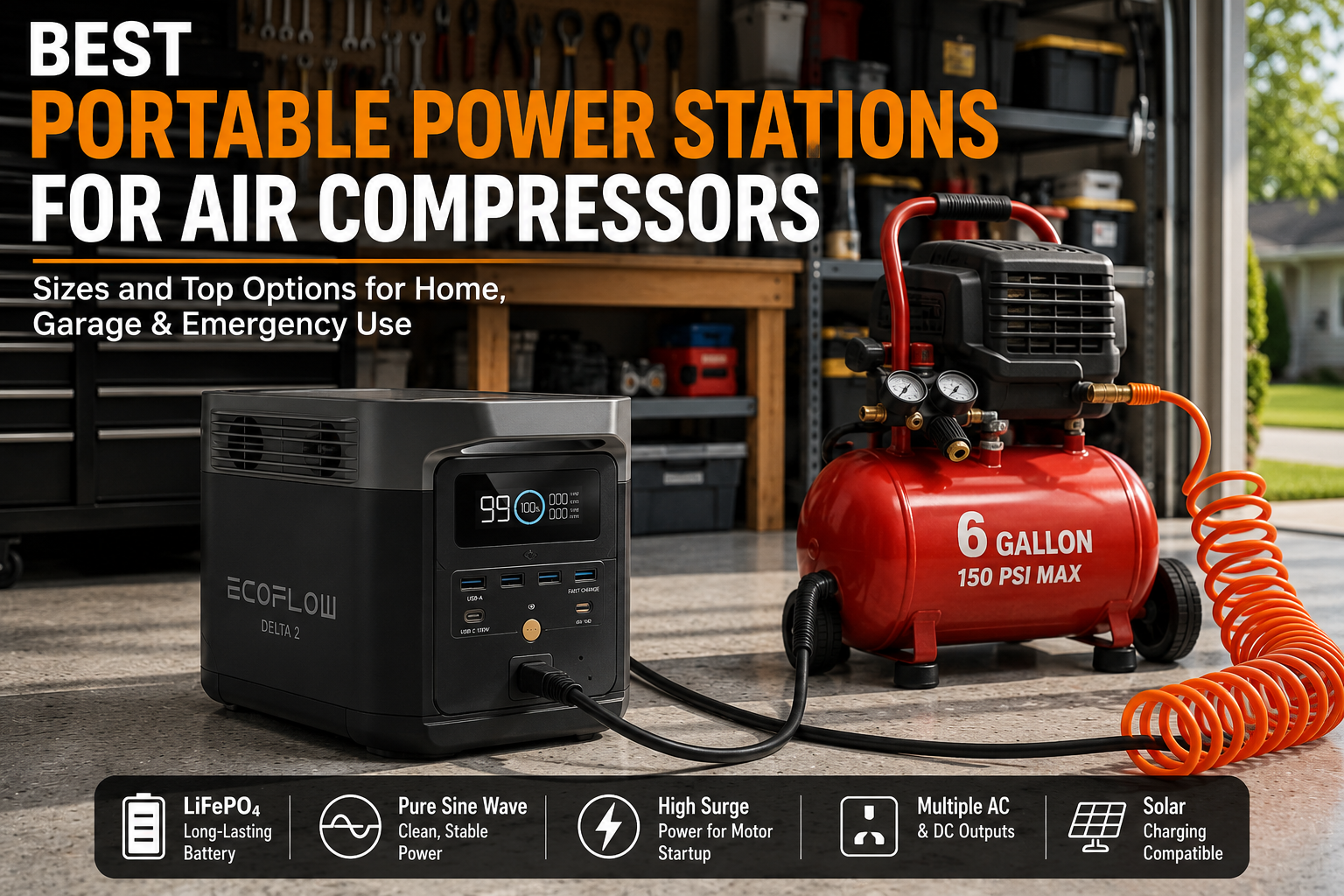 Portable power station powering a portable air compressor inside a residential garage during a power outage.