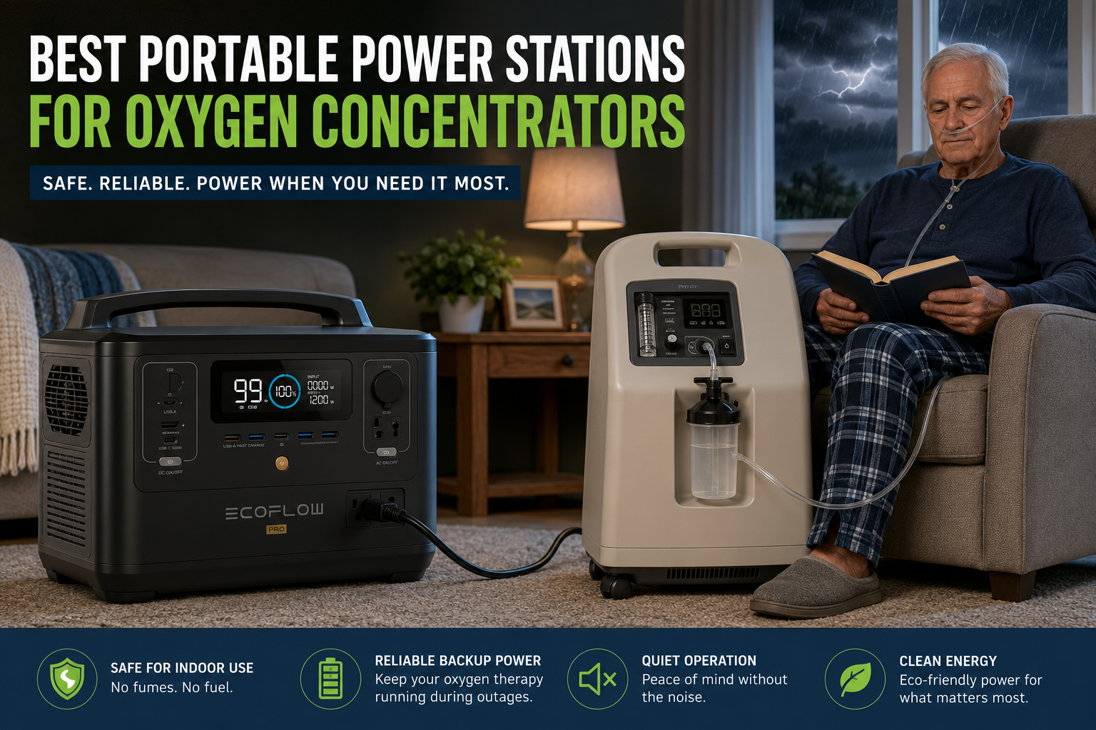 Portable power station providing backup electricity to a home oxygen concentrator during a power outage.