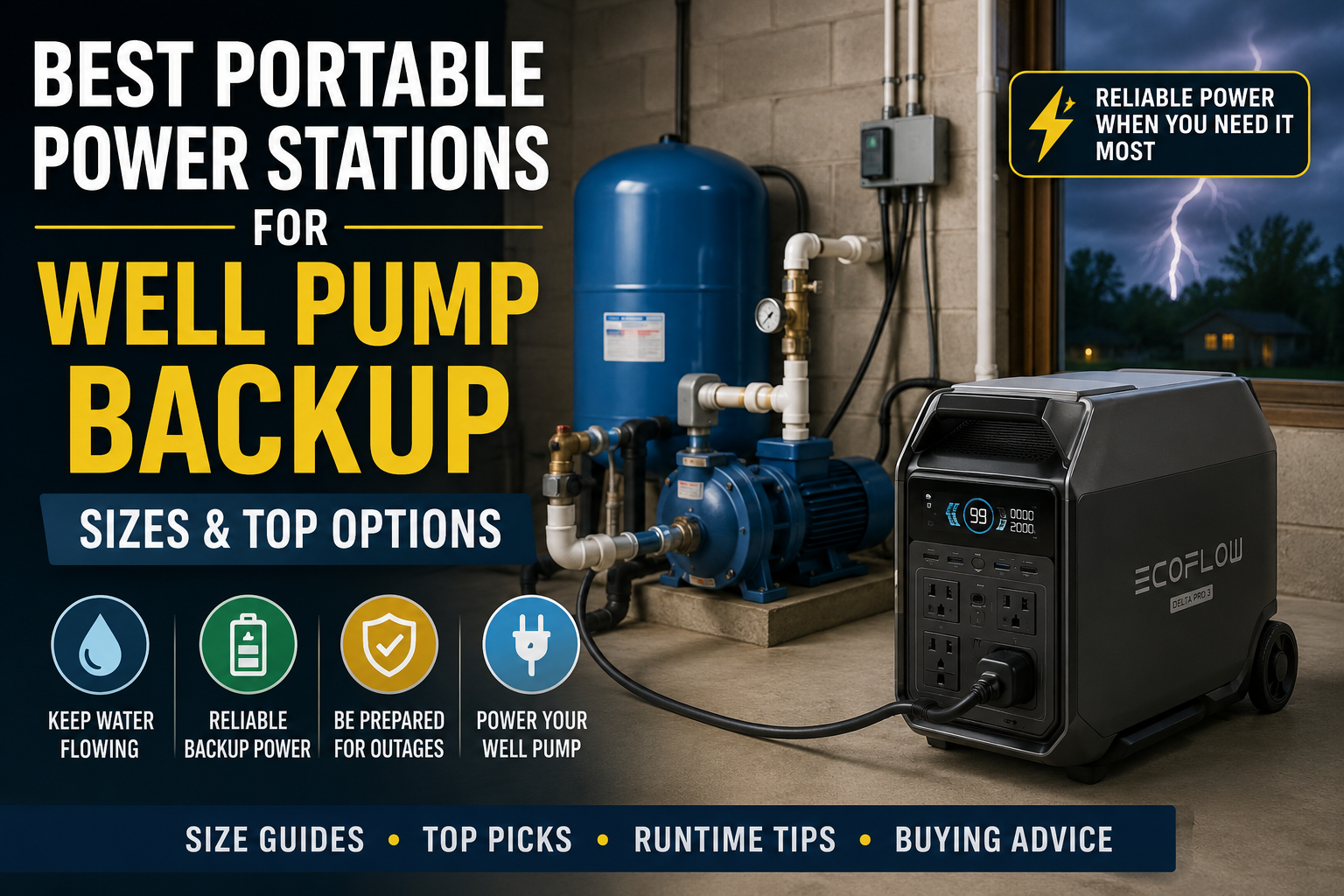Portable power station providing backup electricity to a residential well pump during a power outage.