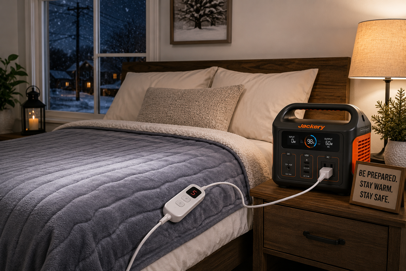 How much power does an electric blanket use with a portable power station during a power outage