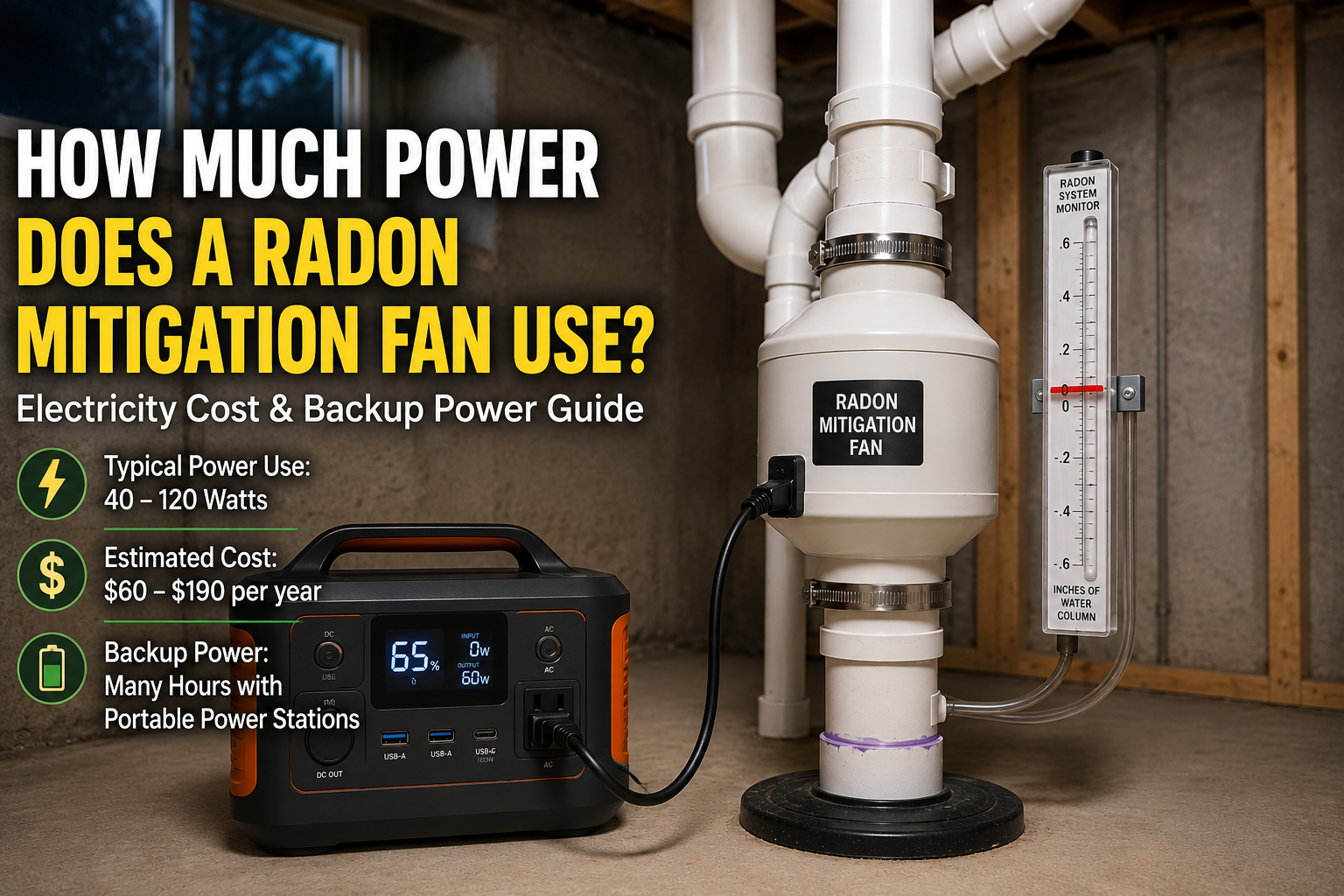 How much power does a residential radon mitigation fan use while operating with a portable power station during a power outage. Caption: