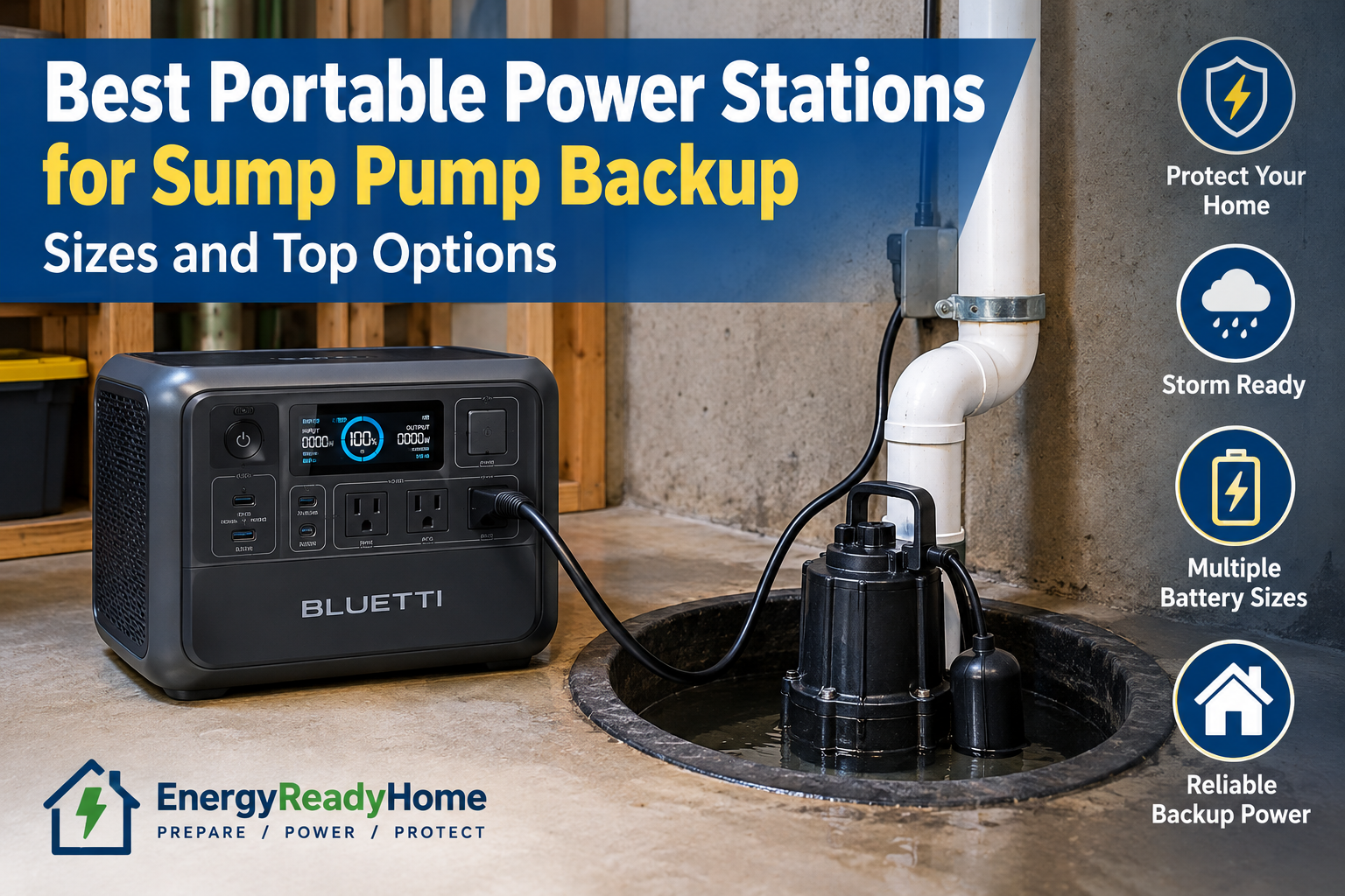 Portable power station providing backup power for a residential sump pump
